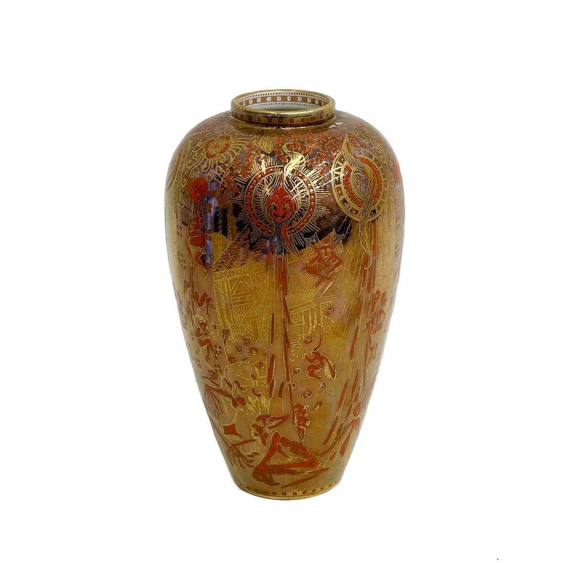 Wedgwood England Gilt Enameled Candlemas Coral Bronze Porcelain Vase Z5349: Wedgwood England Porcelain Gilt Enameled Candlemas Coral Bronze Vase, circa 1920. Porcelain vase with gilt and orange enamel decoration in the Candlemas Coral Bronze pattern. Underside marked Wedgwood