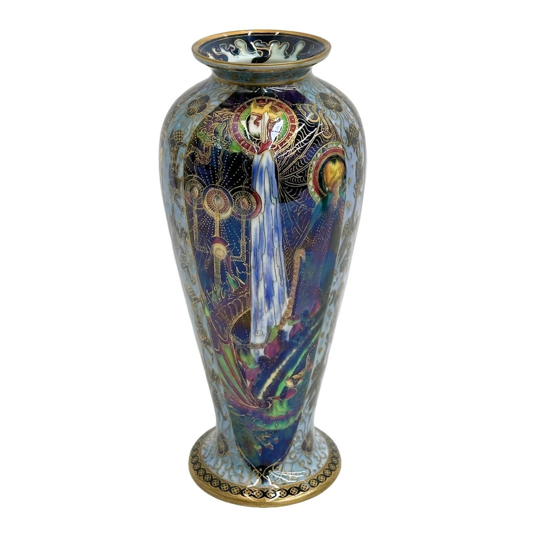 Wedgwood Fairyland Lustre Porcelain 10.5in Candlemas Vase Z5154 circa 1920: Wedgwood Fairyland Lustre Porcelain Candlemas Vase, circa 1920. Ornate gilt decoration designed by Daisy Makeig-Jones, depicting figures. Underside marked Wedgwood England Z5154 Weight: Approx. 1.5 lb