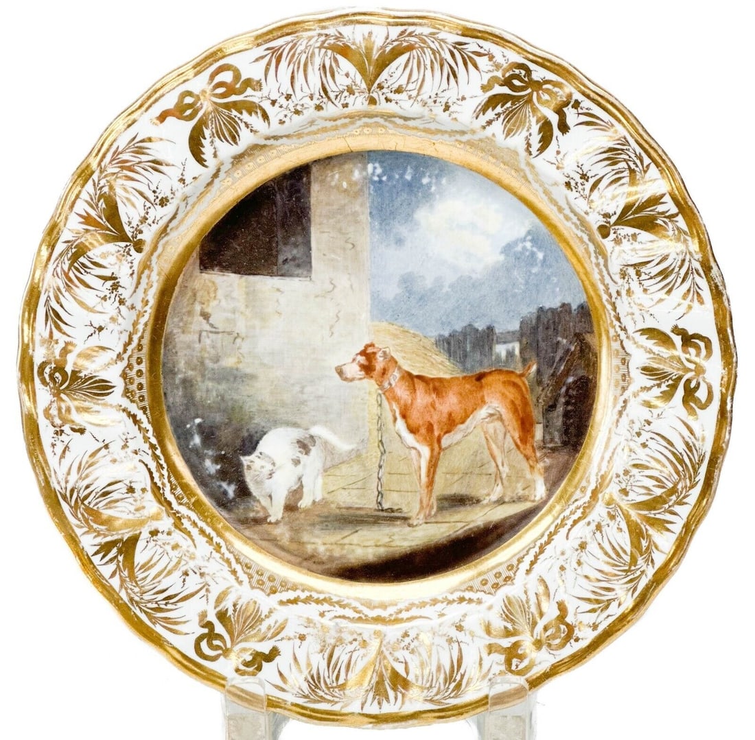 Royal Crown Derby Hand Painted Porcelain Cabinet Plate Dog & Cat c1800: Royal Crown Derby England hand painted porcelain cabinet plate, circa 1800. A hand painted scene of a dog and a cat to the center. Gilt decoration to the scalloped edge. Underside with Royal Crown Der