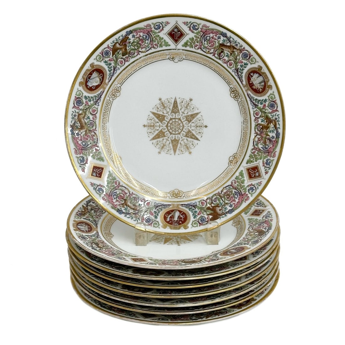 8 Sevres France Ch F Bleau Louis Phillipe Hunting Scene 10 in Plates c1900: 8 Sevres France Louis Phillipe Hunting Scene Porcelain Plates circa 1900. Gilt decoration to center, hunting scenes to the edge. Underside with Sevres marks, marked for Chateau de Fontaine Bleau. Weig