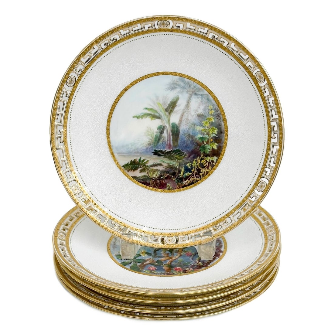 5 Minton Reticulated Porcelain 9.5in Scenery Plates Signed William Mussill c1880: 5 Minton England Reticulated Porcelain Plates. Ornate reticulated edge with gilt accents. Hand painted scenery to center, artist signed for William Mussill to lower edge. Underside marked for Minton E