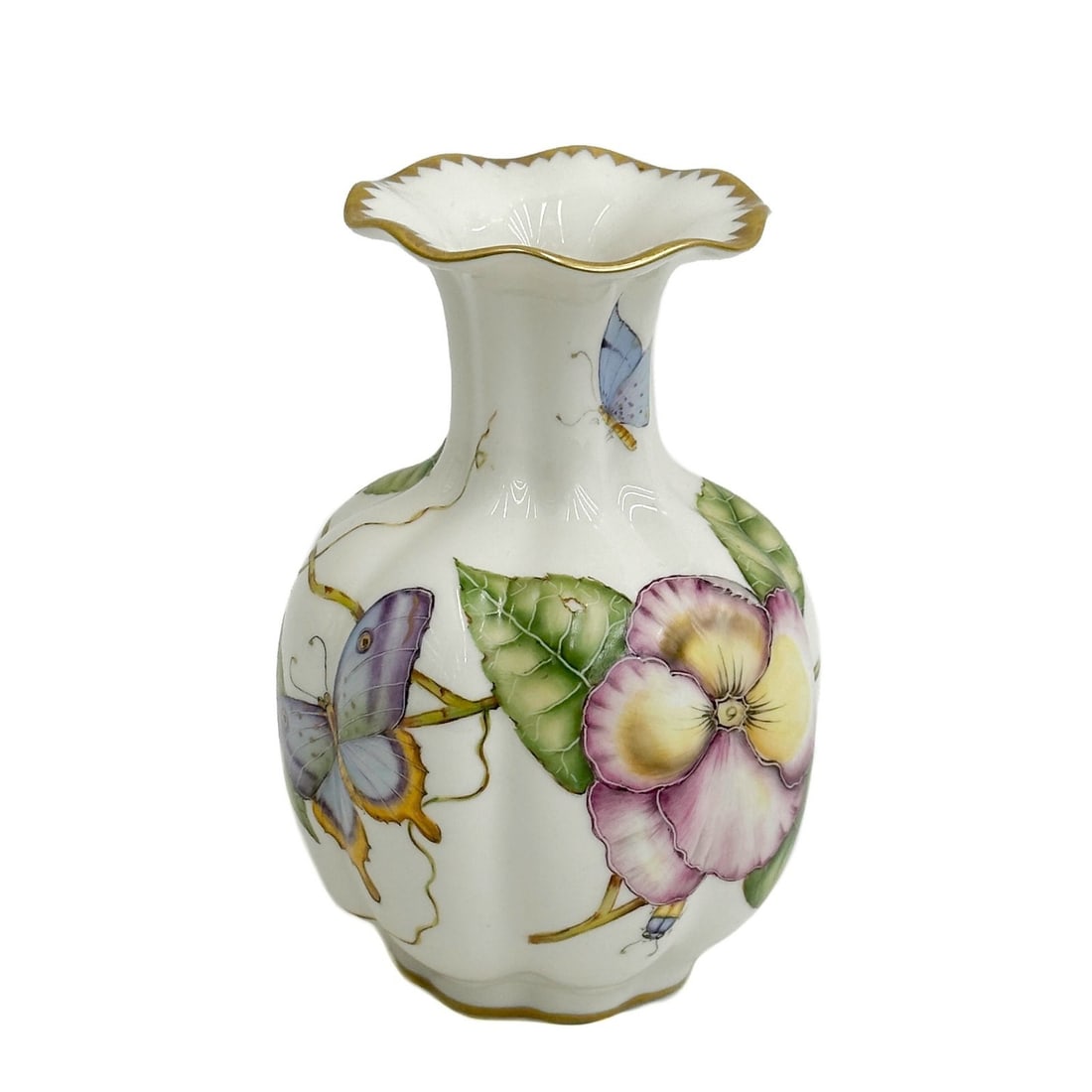 Anna Weatherley Hungary Hand Painted Porcelain 5.75 inch Vase Pansy: Anna Weatherley Hungary Hand Painted Porcelain 5.75 inch Vase Pansy. Anna Weatherley Hungary Hand Painted Porcelain Vase Pansy. A white ground, hand painted insects and pansies. A ruffled rim, gilt ac