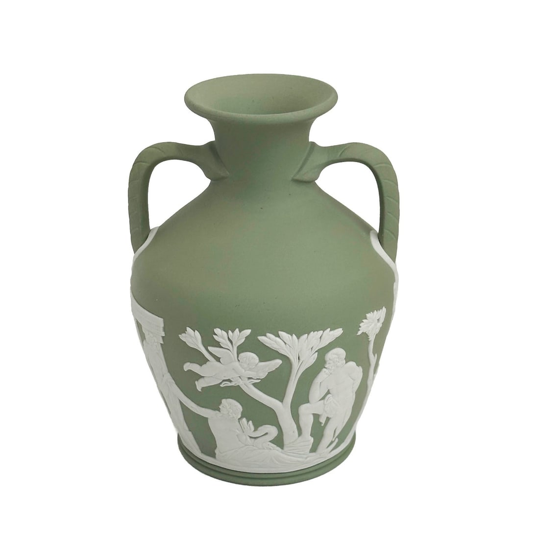 Wedgwood Sage Green Jasperware Portland Vase Signed by Lord Wedgwood 1994 w/ box: Wedgwood England Sage Green Jasperware Portland Vase. A green ground decorated with white classical scenes. Underside impressed Wedgwood England, signed in gold pen by Lord Wedgwood, 1994. With origin