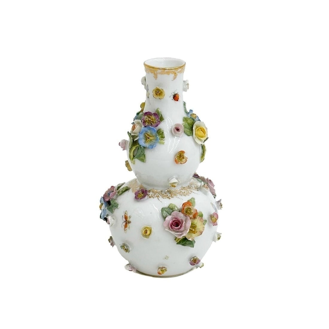 Meissen Germany Porcelain Floral Double Gourd Form Miniature Vase Schneeballen: Meissen Germany Porcelain Floral Gourd Form Miniature Vase Schneeballen, 19th century. A white ground with gilt decoration, raised colorful florals to the body. Underside with Meissen crossed swords m