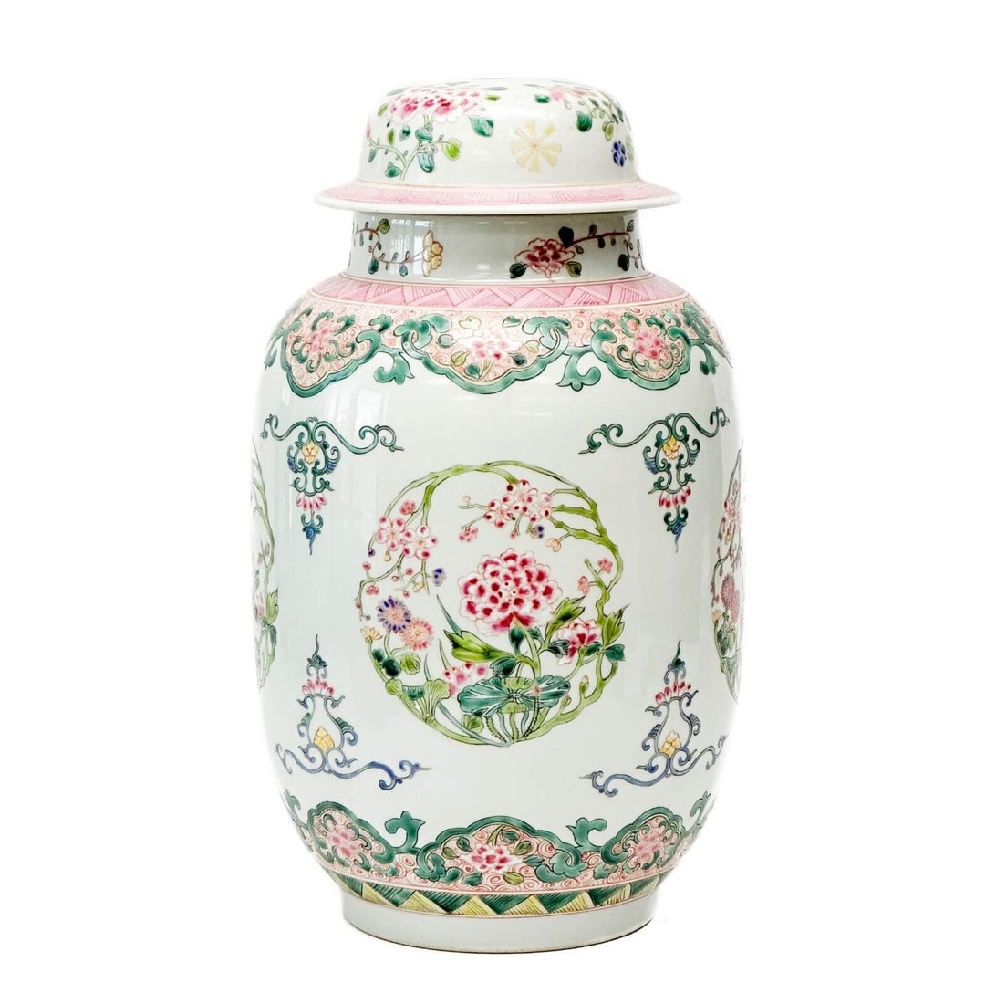 Chinese Hand Painted Enameled Porcelain Lidded Jar White with Florals: Chinese Porcelain Lidded jar. A white ground decorated with enamel pink flowers. Underside with Chinese marks. Was previously converted to a lamp, with holes driven through lid and base. Weight Approx