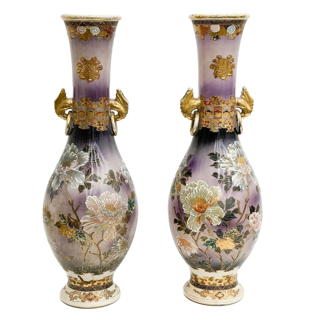Pair Japanese Satsuma Large Porcelain Vases Purple Enameled Flowers Showa Period: Pair Japanese Satsuma Large Porcelain Vases, probably Showa period, possibly Taisho or earlier. A purple ground decorated with raised enameled florals, raised gilt accents. Apparently unmarked. Weight