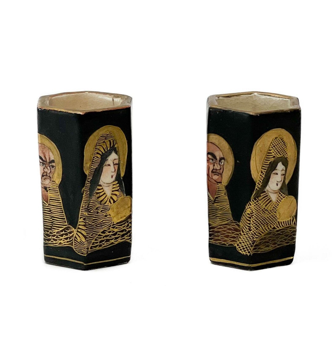 Pair Japanese Satsuma Hand Painted Porcelain Miniature Hexagonal Vases: Pair Japanese Satsuma hand painted porcelain miniature vases. Hexagonal shaped vases, each with a black ground with painted figures with gilt halos to the body. Each with with different Japanese satsu