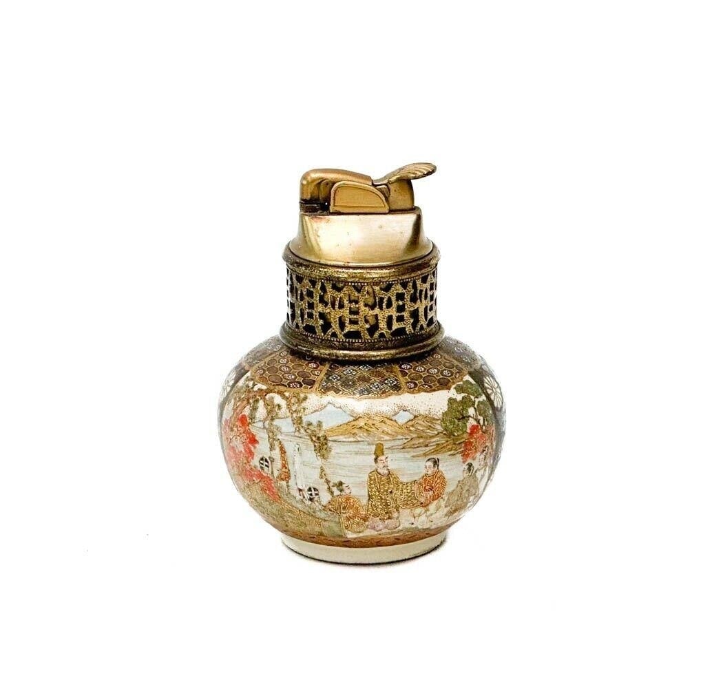 Japanese Yozan Satsuma Hand Painted Porcelain Vase / Lighter Meiji Period: Japanese Yozan Satsuma Hand Painted Porcelain Vase Lighter, Meiji period. Hand painted porcelain base, one side depcting a group of figures in a landscape scene, other side depicting florals and birds