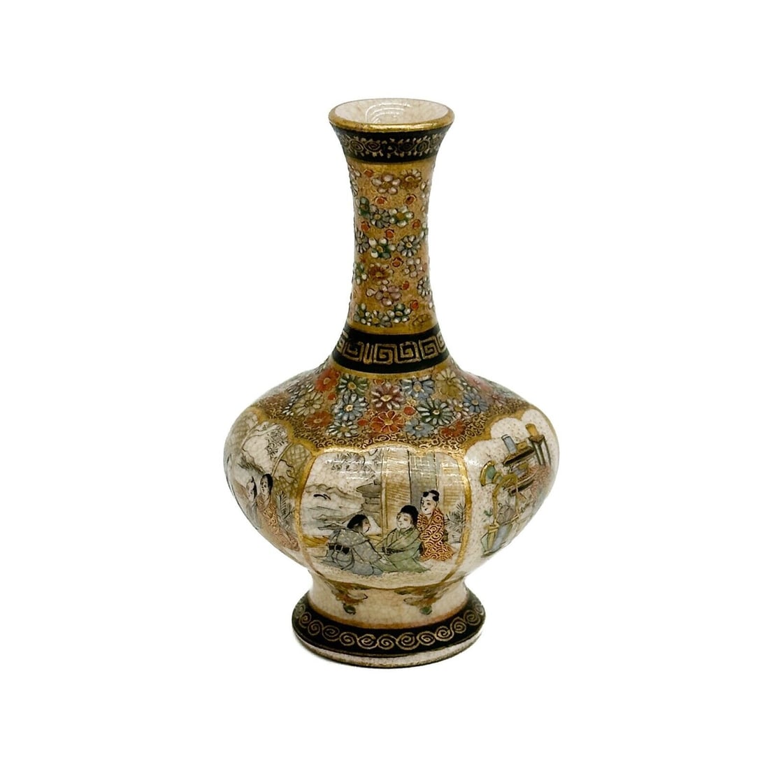 Kichizan Japanese Satsuma Hand Painted Miniature Hexagonal Porcelain Vase Taisho: Japanese Satsuma Hand Painted Miniature Porcelain Vase, Taisho period. Hexagonal shaped vase with hand painted scenes of figures to the sides, raised gilt and white enamel accents. Underside with fain