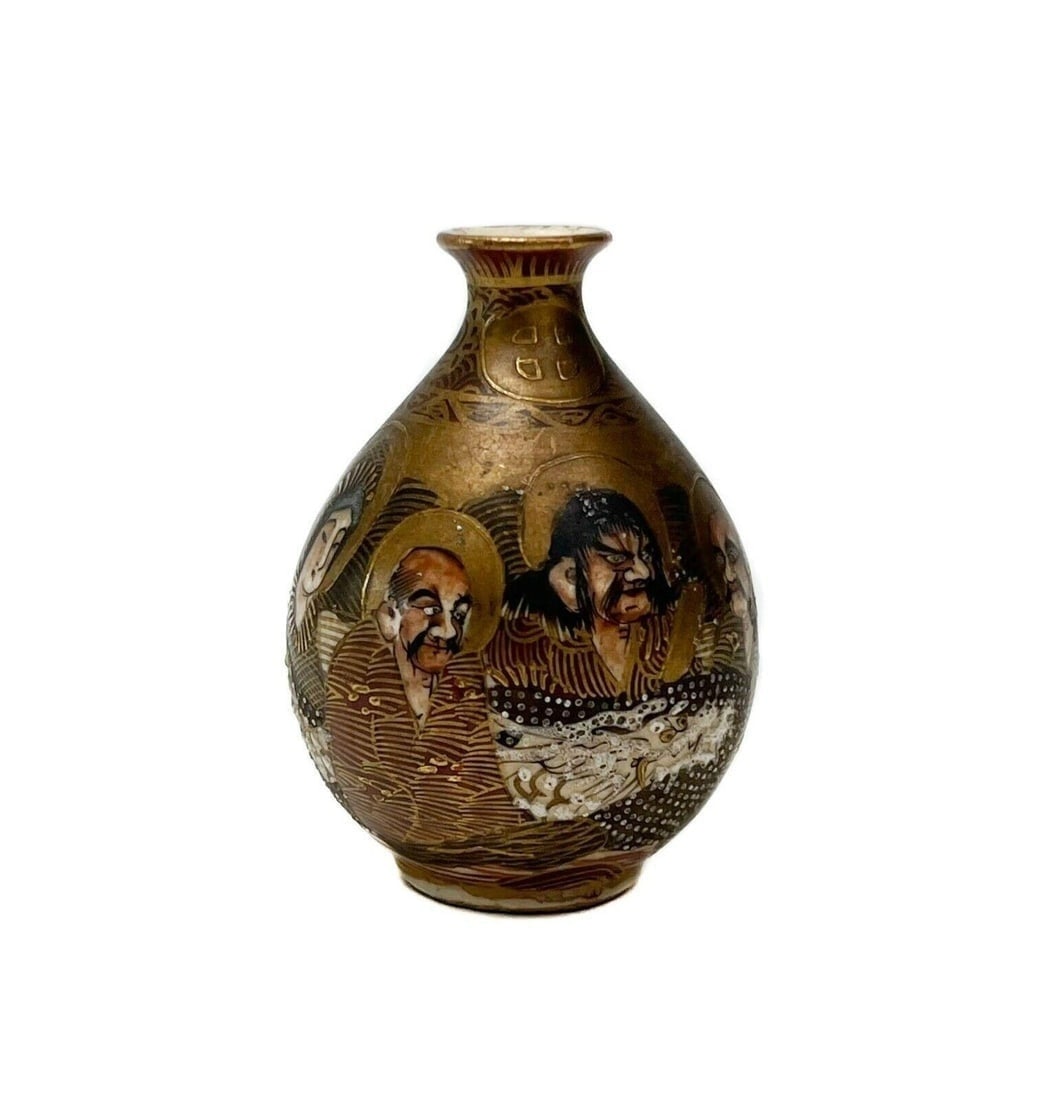 Japanese Satsuma Hand Painted Miniature Porcelain Vase Meiji Period: Japanese Satsuma hand painted miniature porcelain vase, Meiji period. Painted figures around the body with gilt halos and enameled eyes, a raised enamel white dragon wrapping around the vase. Gilt acc