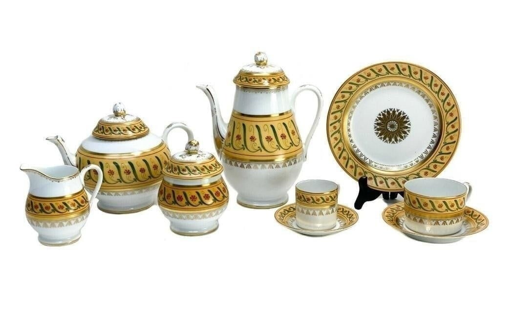Tiffany Le Tallec Private Stock Porcelain Tea Set in Directoire: Tiffany Le Tallec Private Stock Tea Set in Directoire. A yellow ground with hand painted flowers and leaves throughout. Gilt florals to the center. Tiffany & Co. Private stock marks to the underside.