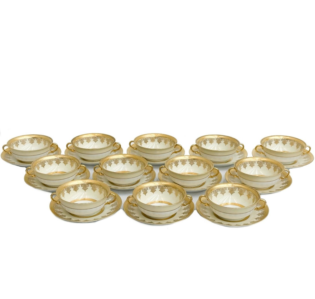 12 Bohemia Czech Stouffer Decorated Porcelain Bouillon Bowls & Underplates c1940 (1 of 7)