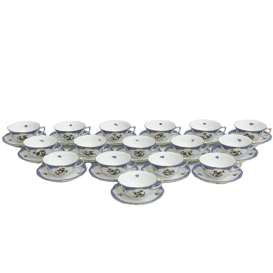 16 Herend Porcelain Cup & Saucers Rothschild Birds Blue Scale Fish Net #734: 16 Herend Hungary Porcelain Cup and Saucers in Rothschild Birds Blue Scale Fish Net. A blue fish scale border with various hand painted birds and butterflies throughout. Herend Hungary mark to the und