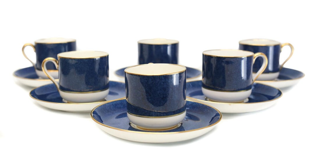 6 Spode Copeland Porcelain for Tiffany & Co. Cup & Saucers in Powder Blue: 6 Spode Copeland for Tiffany & Co. porcelain cup and saucers in powder blue. A powder blue ground with gilt handles and gilt to the edges of the rims. Spode Copeland & Tiffany & Co. marks to the under