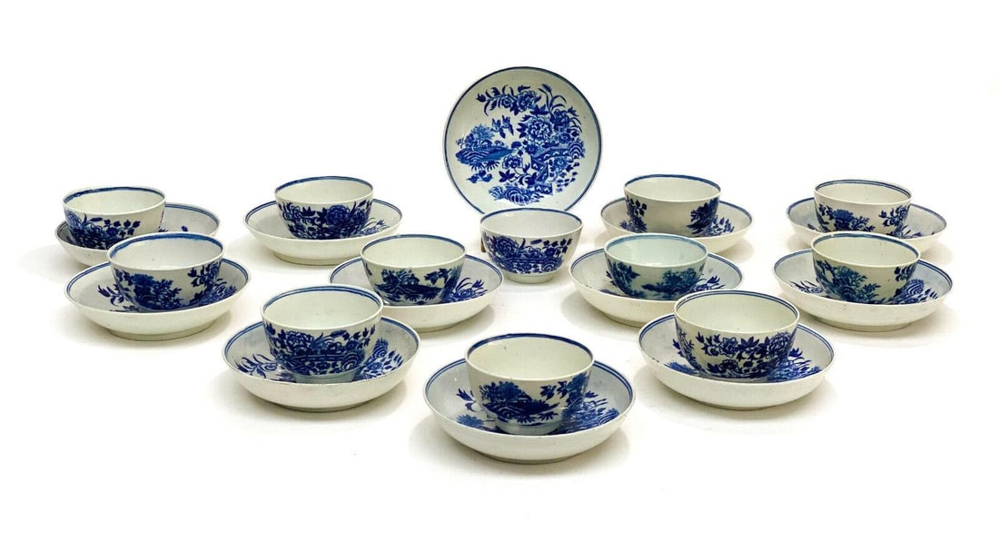 6 Royal Worcester Dr. Wall Cup Saucers The Fence c1770: 6 Royal Worcester Dr. Wall England porcelain cup and saucers in The Fence, circa 1770. Landscape scene with a zigzagged fence. Crescent marks to the underside base. Royal Worcester Fence patterns are