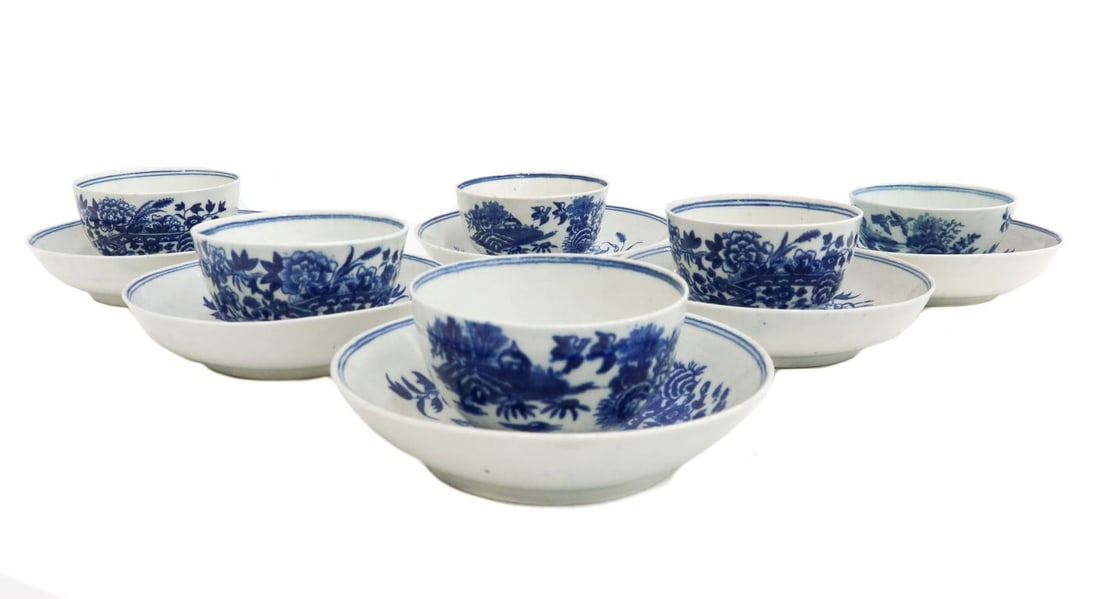 6 Royal Worcester Dr. Wall Cup Saucers The Fence c1770: 6 Royal Worcester Dr. Wall England porcelain cup and saucers in The Fence, circa 1770. Landscape scene with a zigzagged fence. Crescent marks to the underside base. Royal Worcester Fence patterns are