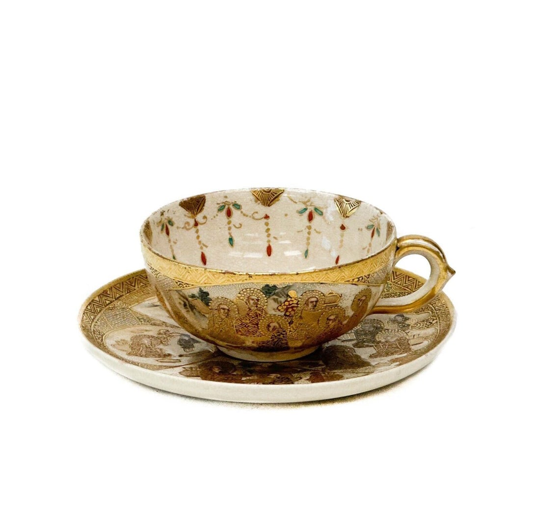Japanese Kozan Satsuma Hand Painted Porcelain Cup & Saucer Meiji Period (1 of 7)