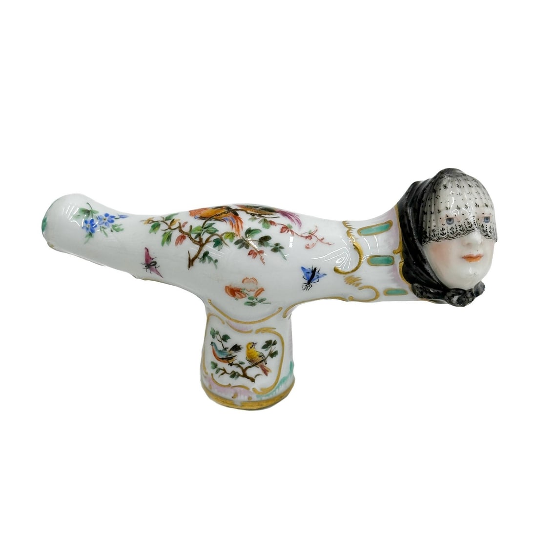 Meissen Germany Hand Painted Porcelain Figural Cane Handle with Box 19th cen: Meissen Hand Painted Porcelain Figural Cane Handle, 19th century. Depicts a veiled woman's face, hand painted birds and insects, gilt accents. With Meissen crossed swords mark to interior of handle. W