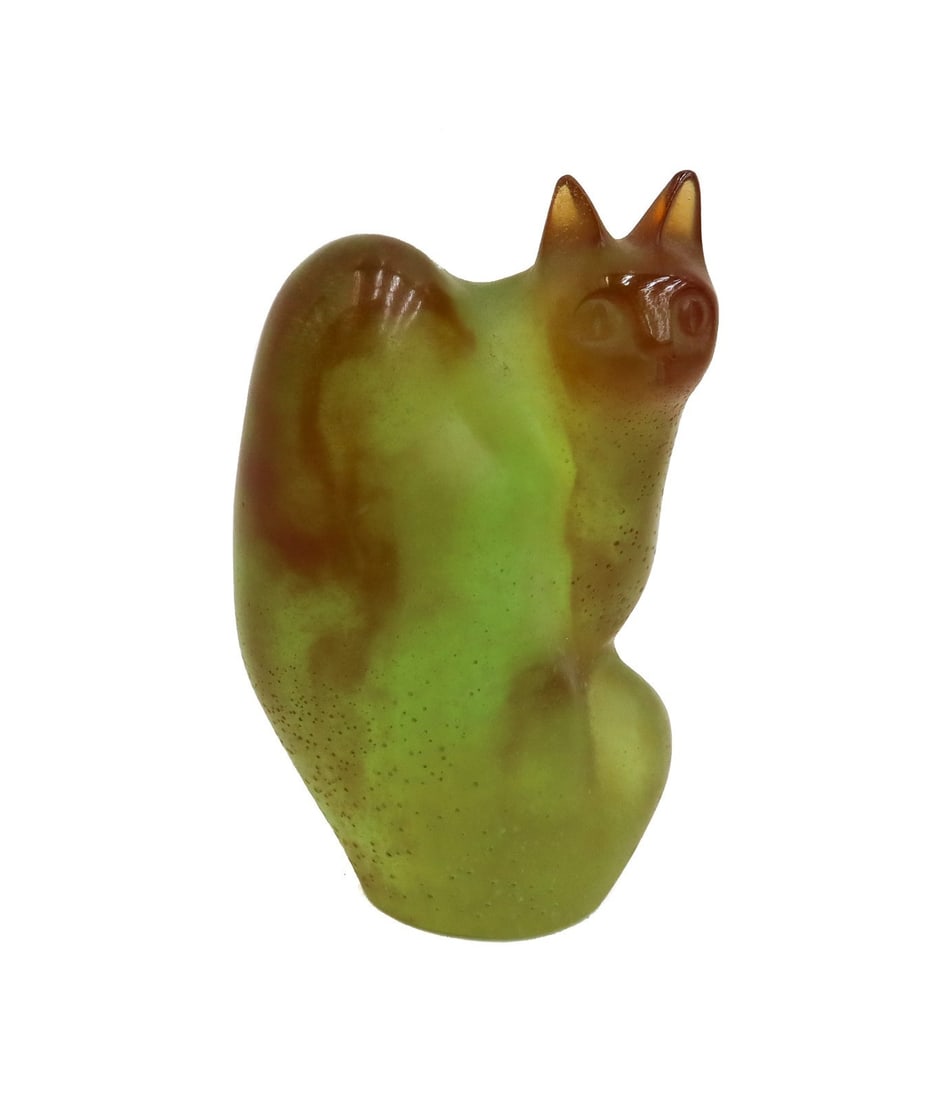 Daum France Pate De Verre Glass Green Cat Figurine Chat Perche by Lhoste Ltd Ed: Daum France Pate De Verre art glass green and brown cat Figurine, Chat Perche by artist Claude Lhoste, Ltd Ed 48 of 500. Signed to the underside. Weight: Approx. 1lb Measurements: Approx. 3.5 inches x