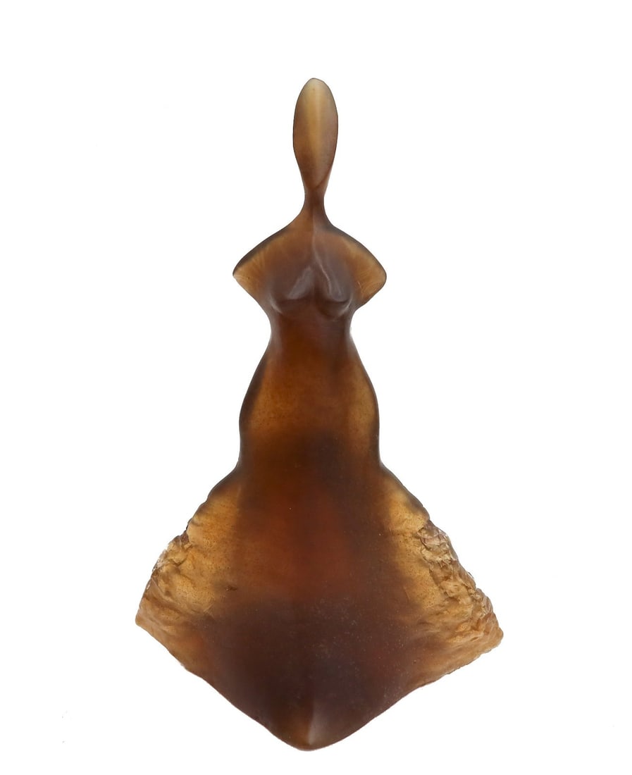 Daum France Pate de Verre Glass Abstract Sculpture Cyclade by Didier Michel: Daum France Pate de Verre Glass abstract sculpture "Cyclade" by Didier Michel. The sculpture depicts an abstract armless woman. Artist signed Didier Michel towards base. Marked Daum France to undersid