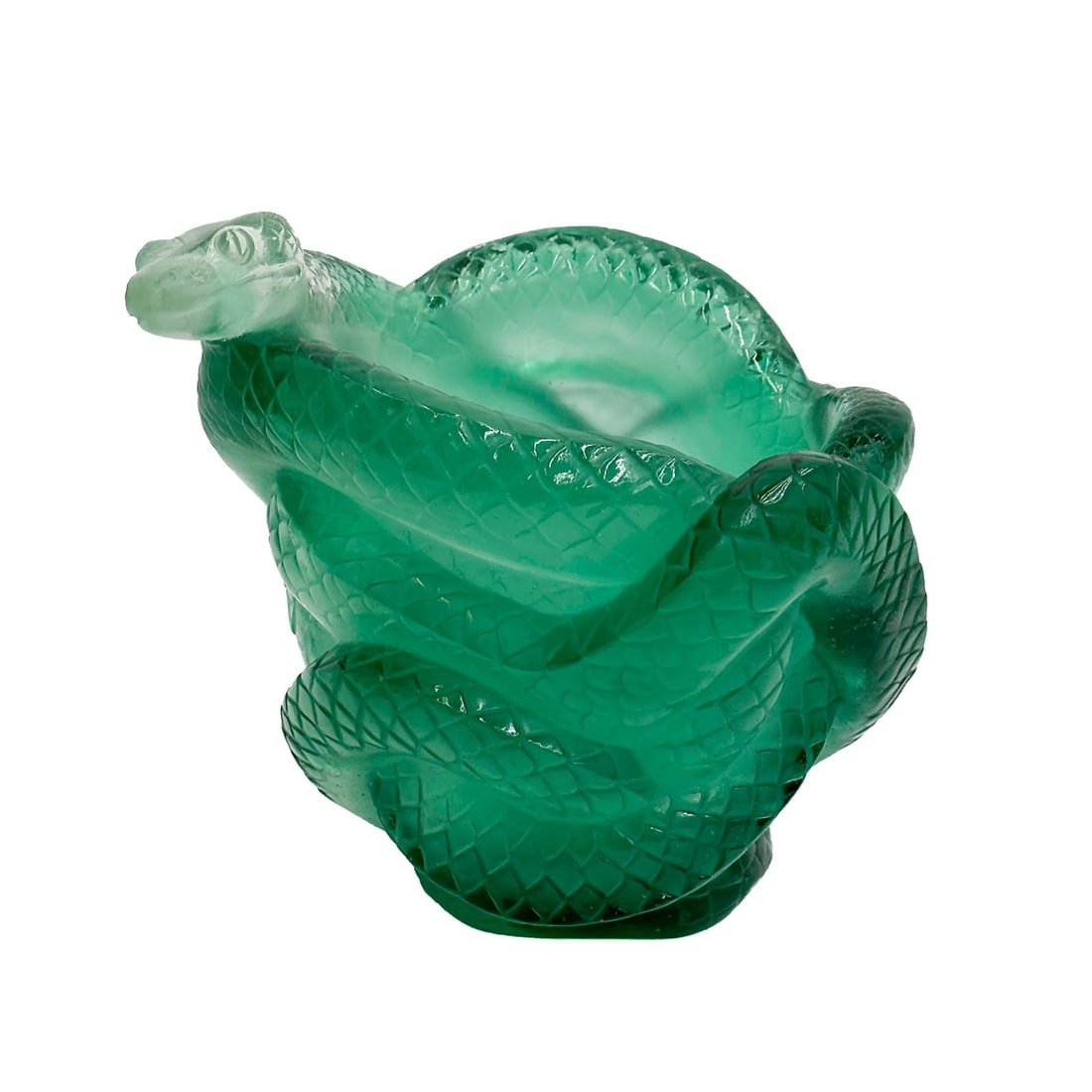 Daum France Pate de Verre Green Art Glass Snake Serpent Vase Ltd Ed/888: Daum France Pate-de-verre art glass snake form vase. Green glass depicting a snake wrapped around the body of the vase. Underside marked Daum France and numbered out of 888. Weight: Approx. 11 lbs Mea