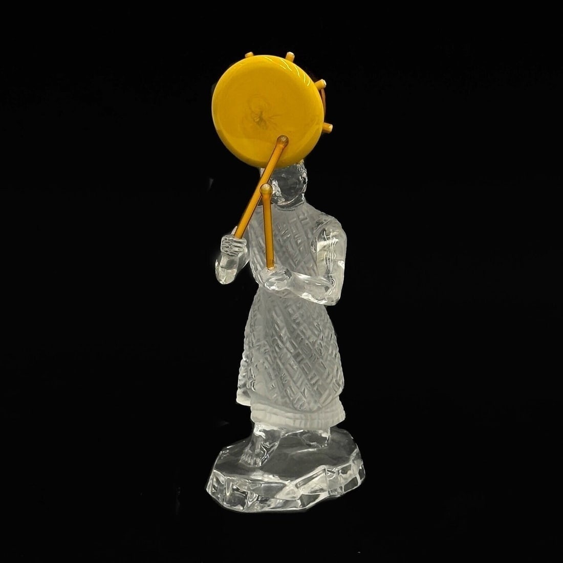 Saint St Louis France Crystal Art Glass Musician Figurine Drummer Drum Player: Saint St Louis France Art Glass Musician Figurine. Frosted glass figurine depicts a figure playing an amber colored glass drum. Polished pontil to the underside, inscribed Saint Louis Weight: Approx.