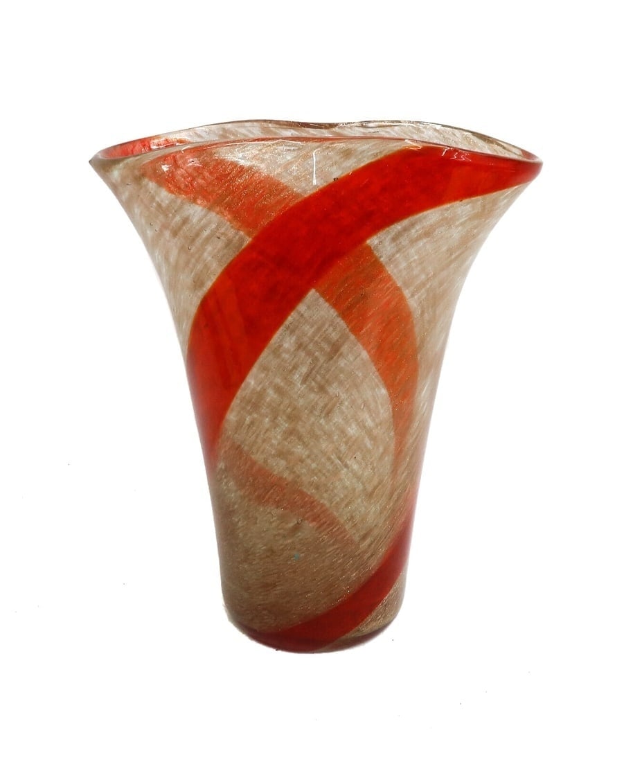 Fratelli Toso Italian Murano Art Glass Aventurine Vase Red Ribbons: Fratelli Toso Italian Murano Art Glass Aventurine Vase. Vase with Aventurine glass and a swirled red ribbon design with a curved rim. Apparently unsigned and label no longer present. Weight: Approx. 2