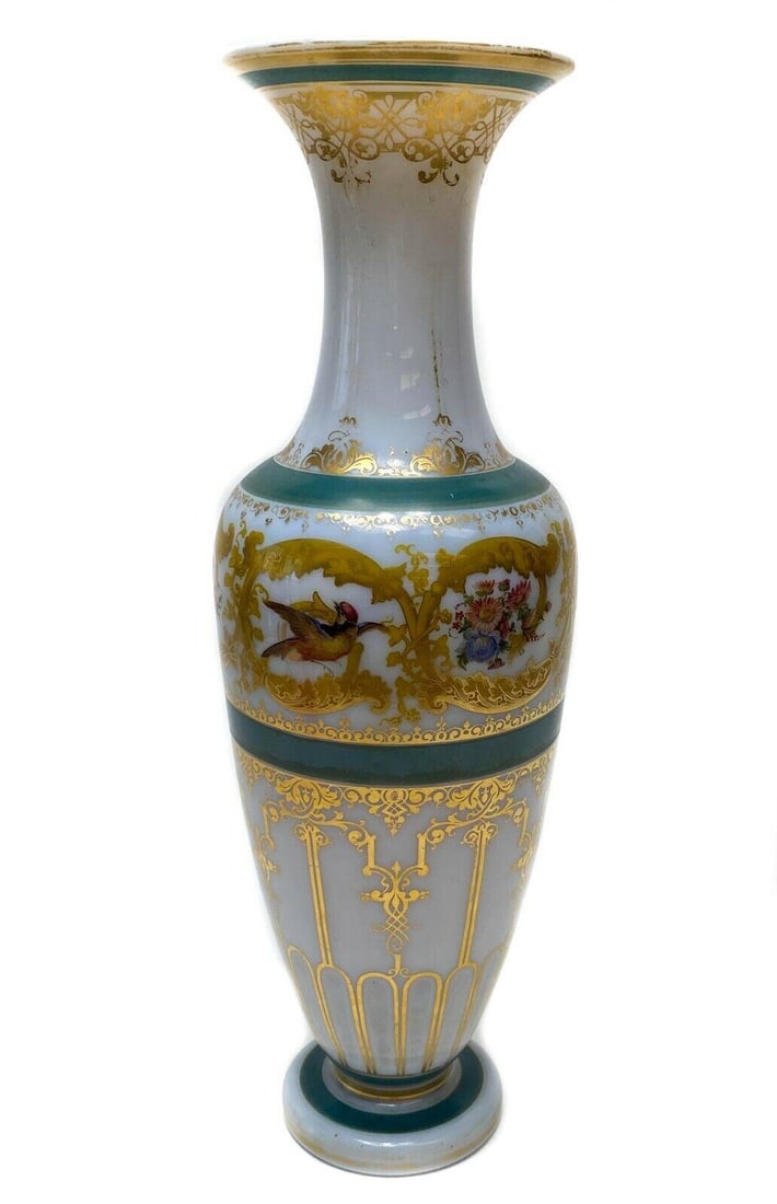 Large French Opaline Glass Enameled Vase Attributed to Baccarat c1890 (1 of 5)