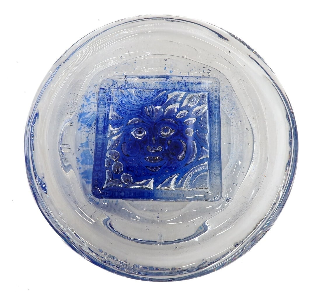 Orrefors Art Glass Cobalt Blue Clear Decorative Bowl Sculpture by Lars Hellsten: Orrefors art glass cobalt blue and clear decorative bowl sculpture by Lars Hellsten, 1998. A clear bowl with controlled bubbles and a decorated blue square mask of a man to center. Signed and dated to