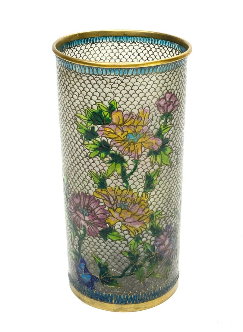 Chinese Plique-à-jour Enamel Vase, Floral Designs: Chinese Plique-à-jour enamel vase. Beautiful multi-colored flowers and leaves to the central area. Gilt to the top and base rim. Weight: Approx. 1 lb Measurements: Approx. 3.25 inches diameter x 6.75