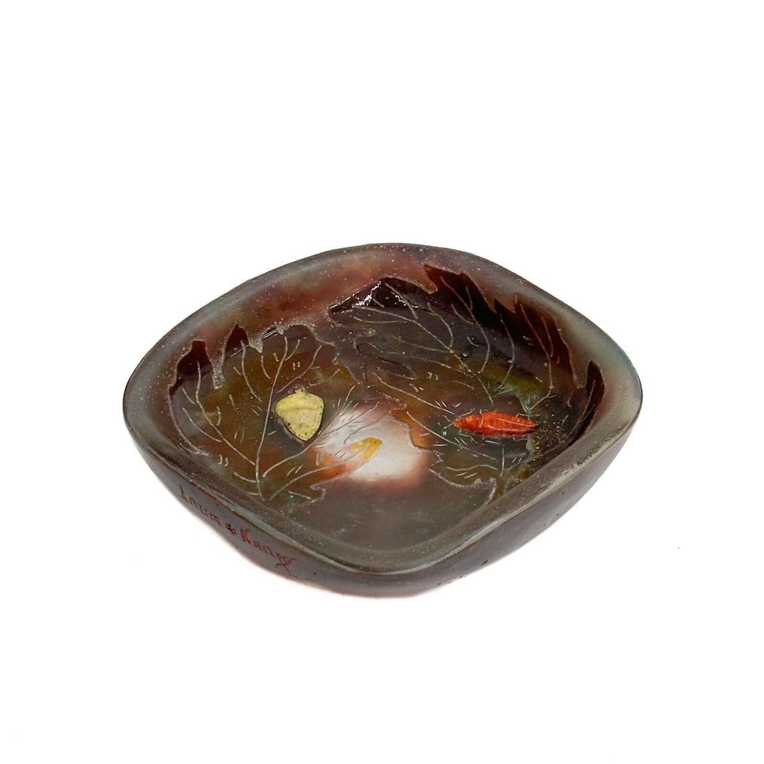 Daum Nancy Acid Etched Cameo Art Glass Square Dish or Bowl Scarab & Acorn c1920 (1 of 6)