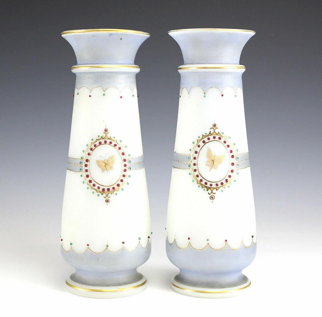 Pair Victorian Bristol Glass Jeweled Vases. Hand Painted, Raised Gilt, Butterfly (1 of 4)