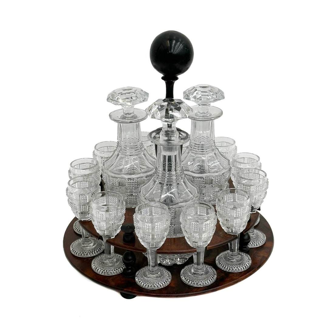 Baccarat France Cut Glass Cordial & Decanters Set for 12 with Stand: Baccarat France Cut Glass Cordial & Decanters Set for 12 with Stand, 2nd half 19th century. 3 cut glass decanters with 12 matching cordial glasses. Fitted wood stand. Apparently unmarked, unidentified