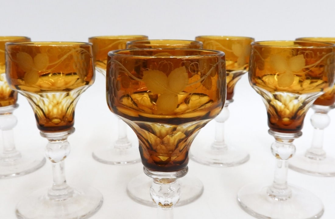 8 Bohemian Smokey Amber and Clear Cut Glass Claret Wine Goblets c1940 - 3