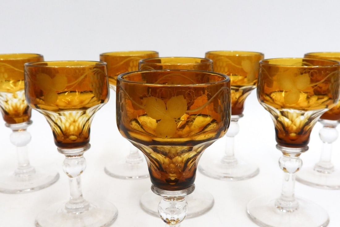 8 Bohemian Smokey Amber and Clear Cut Glass Claret Wine Goblets c1940 - 4