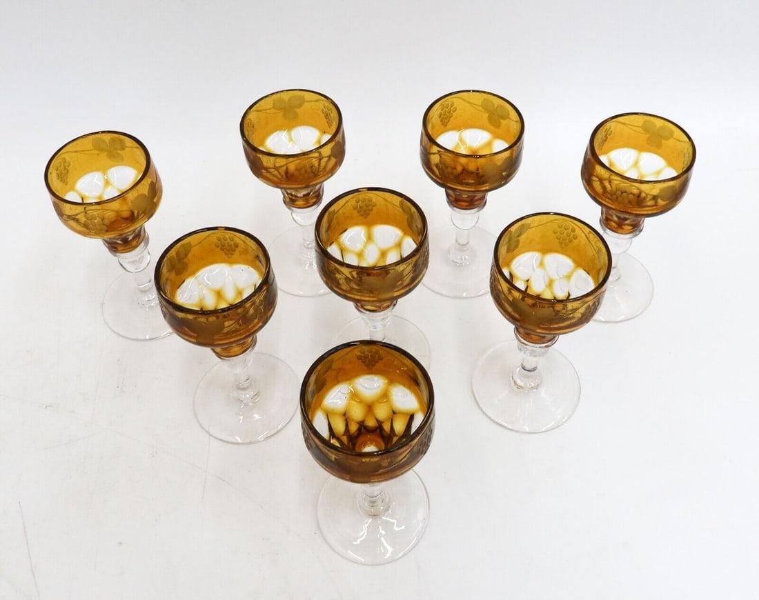8 Bohemian Smokey Amber and Clear Cut Glass Claret Wine Goblets c1940 - 5