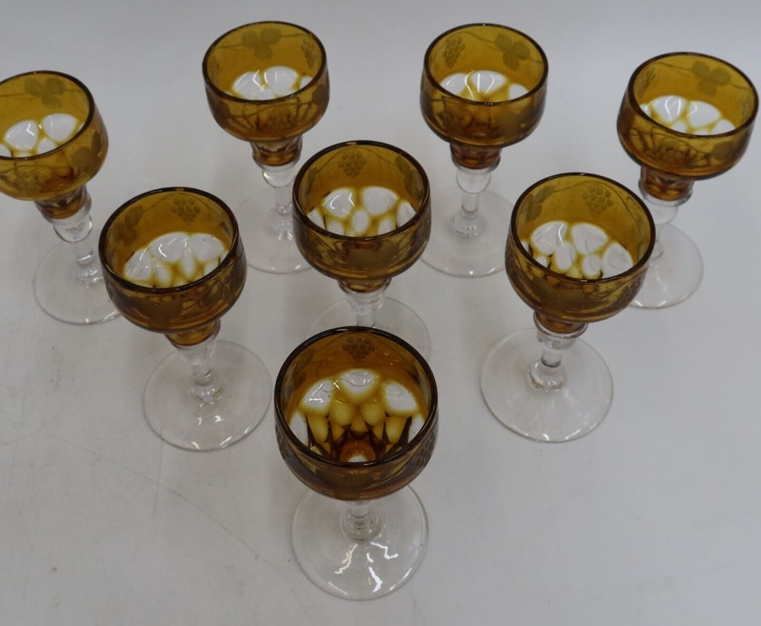 8 Bohemian Smokey Amber and Clear Cut Glass Claret Wine Goblets c1940 - 6