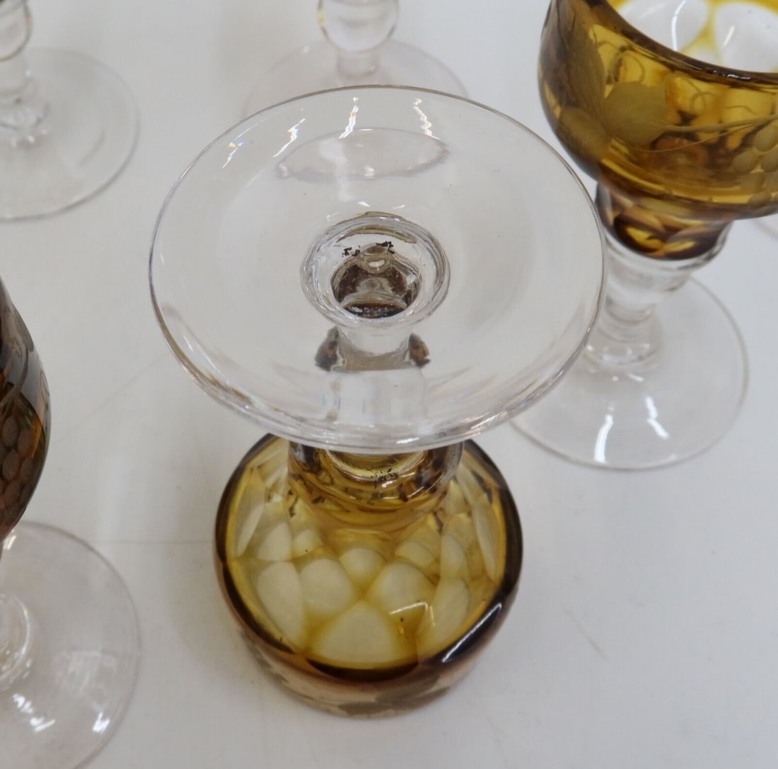 8 Bohemian Smokey Amber and Clear Cut Glass Claret Wine Goblets c1940 - 8
