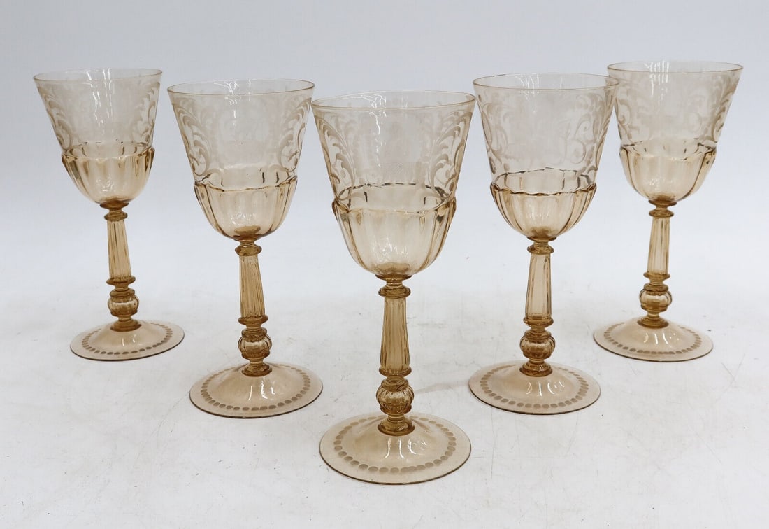 5 Venetian Amber Cut Glass Engraved Blown Wine Goblets circa 1940 - 2