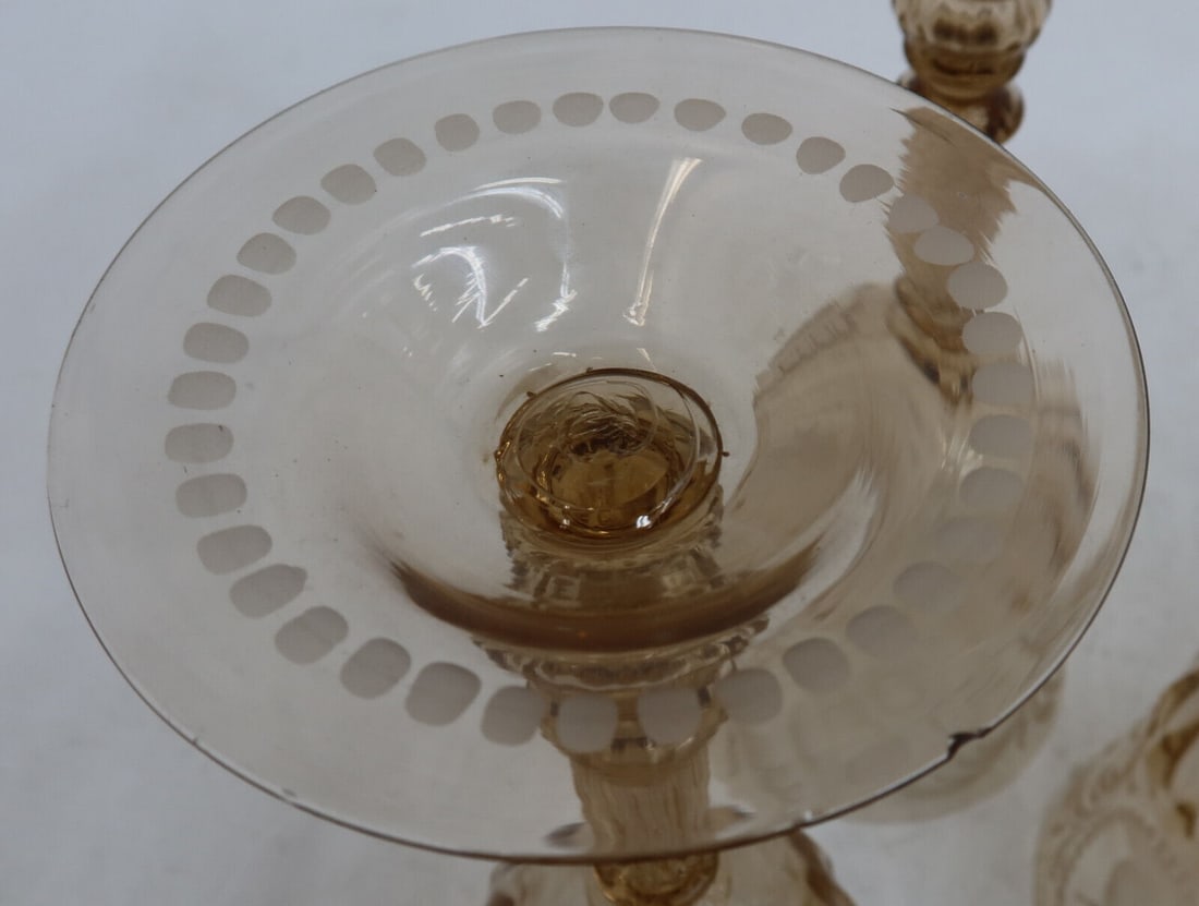 5 Venetian Amber Cut Glass Engraved Blown Wine Goblets circa 1940 - 6