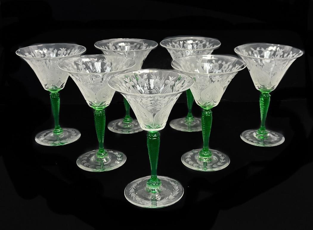 7 Steuben Frosted and Green Glass 6 ounce Wine Goblets in Van Dyke, Signed (1 of 5)