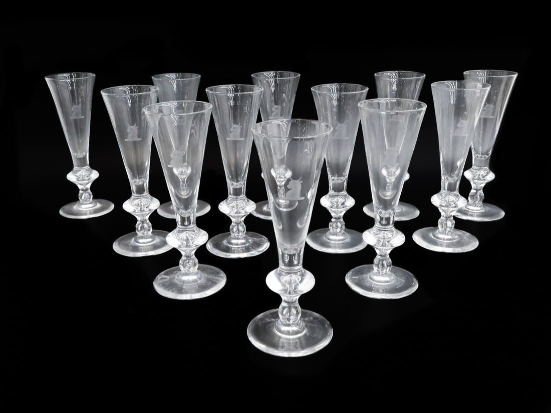 12 Steuben Art Glass Champagne Flutes in #7737 Heraldic Emblem Signed (1 of 8)