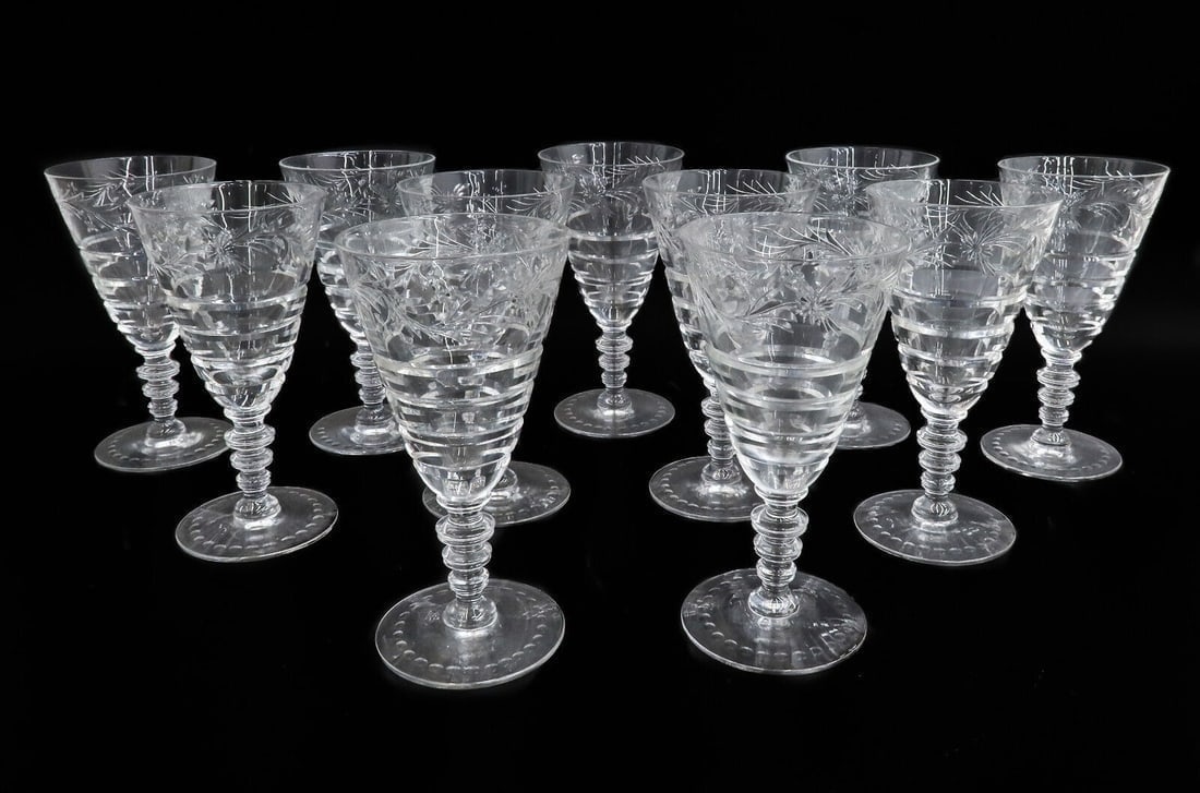 11 Hawkes Cut Glass Water Goblets in Le Moderne Scalloped Bowl (1 of 8)