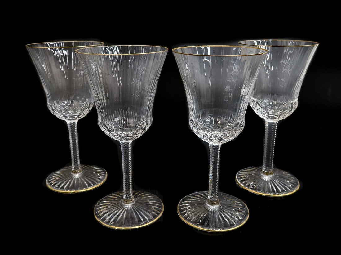 4 St. Louis France Crystal Glass Burgundy Wine Goblets in Apollo Gold Signed (1 of 5)