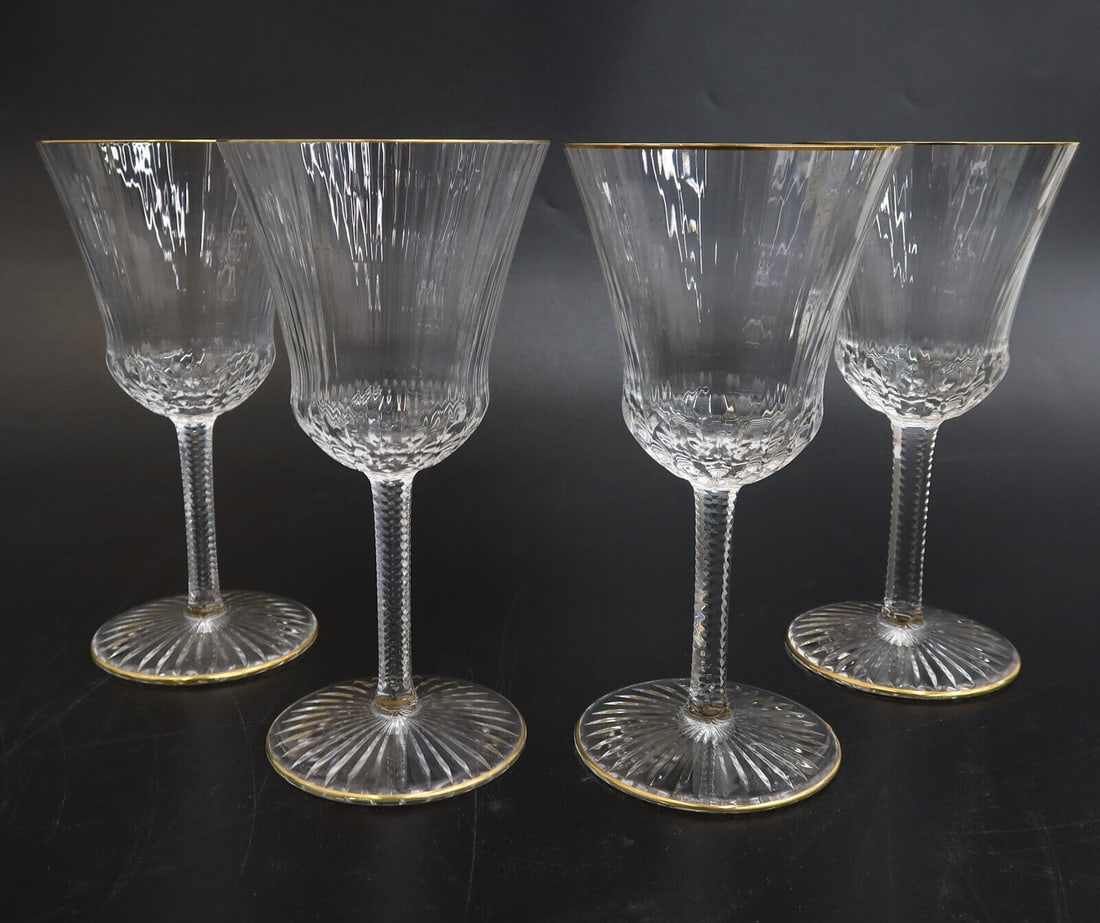 4 St. Louis France Crystal Glass Burgundy Wine Goblets in Apollo Gold Signed - 2