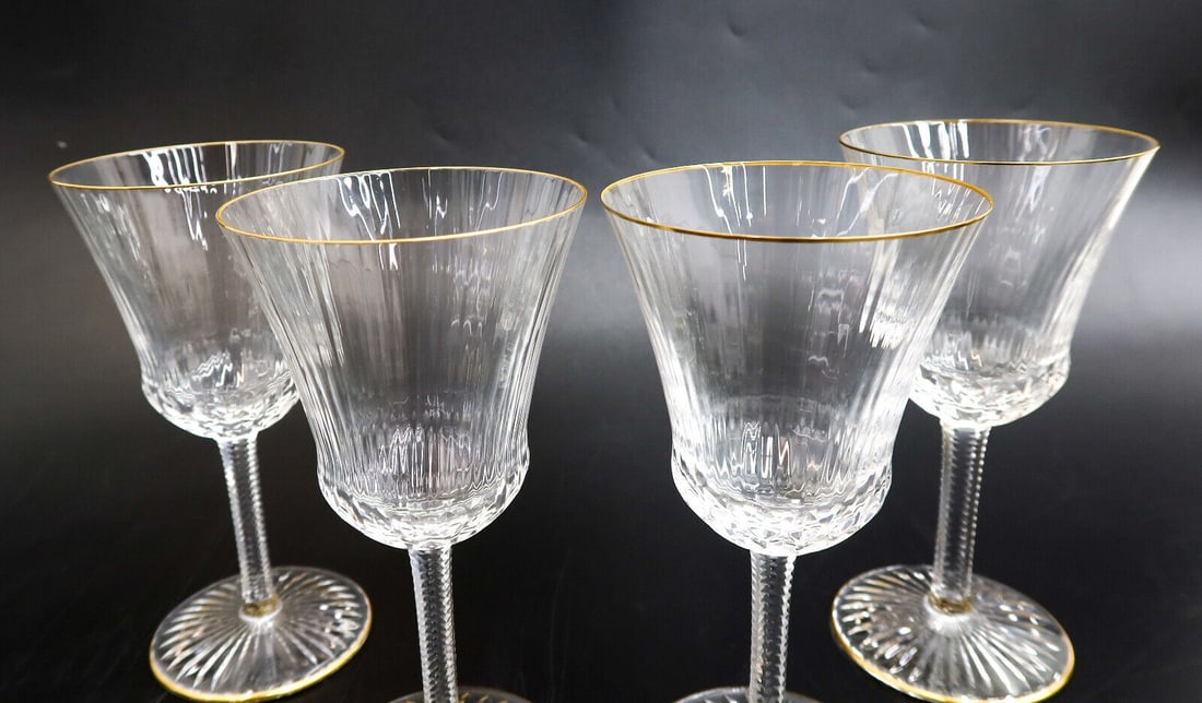 4 St. Louis France Crystal Glass Burgundy Wine Goblets in Apollo Gold Signed - 3