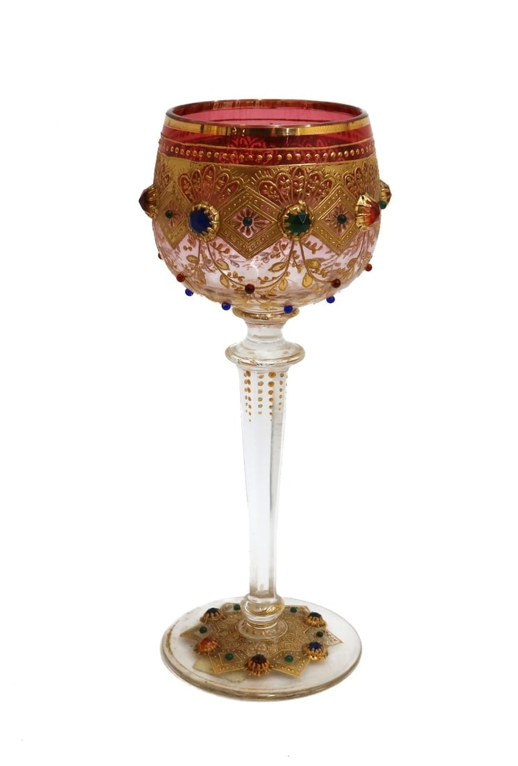 Moser Cranberry Red to Clear Gold Encrusted Cabochon Glass Wine Goblet c1900 (1 of 6)