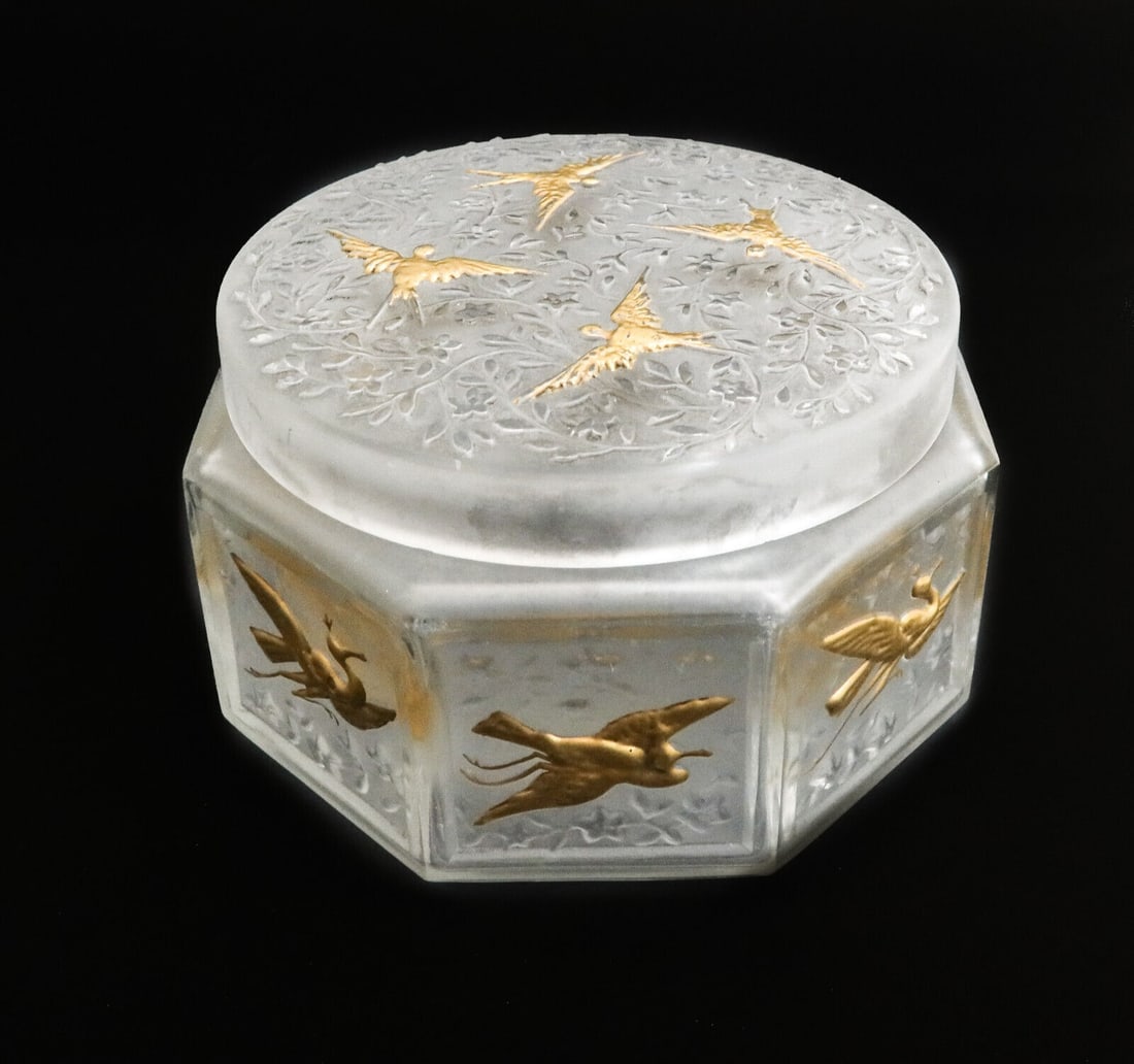 Julien Viard French Frosted Glass and Gilt Lidded Powder Jar circa 1920: Julien Viard French frosted glass and gilt lidded powder jar, circa 1920. Octagonal lobed with embossed florals. Gilt birds to each wall and to the lid. Embossed "J. Viard France" to underside. Weight
