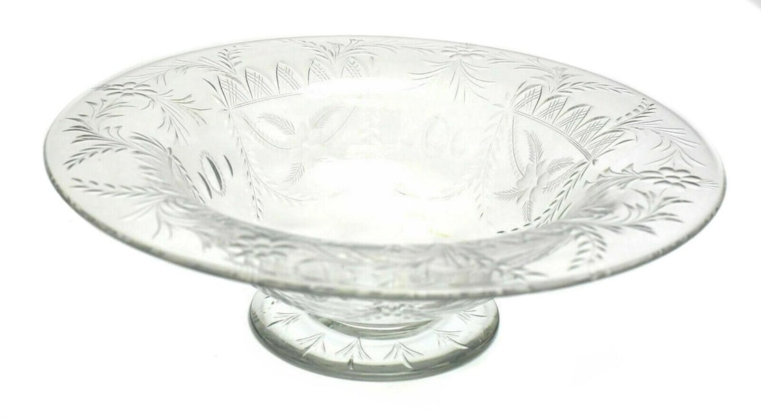 Continental Hand Etched Cut & Polished Floral Crystal Centerpiece Bowl, c.1900: c. 1900 Continental Hand Etched, Cut & Polished Crystal Centerpiece; Floral Design. Unmarked. Weight 3.5 pounds. Measurements: Approx. 12 inches Diameter, 3.75 inches Height Domestic Shipping: $40