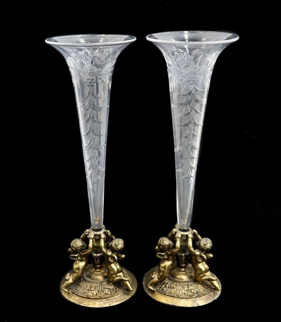 Pair Pairpoint Etched Cut Glass and Gilt Metal Cherub Trumpet Vases circa 1930: Pair Pairpoint Etched cut glass and gilt metal cherub trumpet form vases circa 1930. Detachable glass vases etched with swags and flowers throughout. Gilt metal bases with 3 figural cherubs. Pairpoint